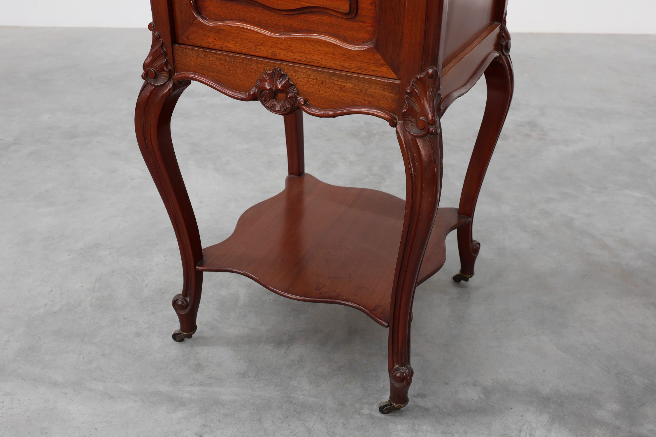 Pair of Walnut Louis XV style nightstands with Carrara marble tops, France ca. 1900thumbnail